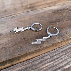 Lightning Bolt Huggie Hoop Earrings White Gold Dangle Charm Earrings